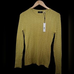 T TAHARI Anjou Pear Green Cable Knit Crew Neck Sweater Size L NWT